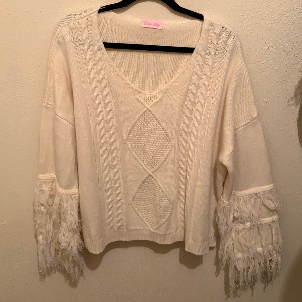 White Knit Fringe Sweater: Pink Lily